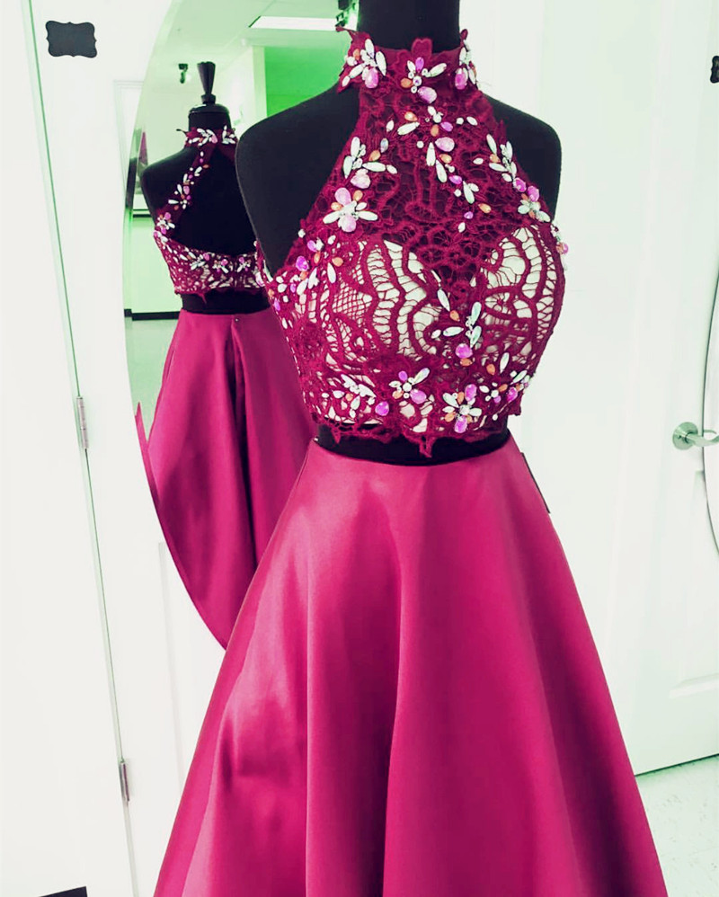 Two Piece Long Prom Dress,2 Piece Prom Gowns,elegant Beaded Prom Dress,prom Dress Lace Crop