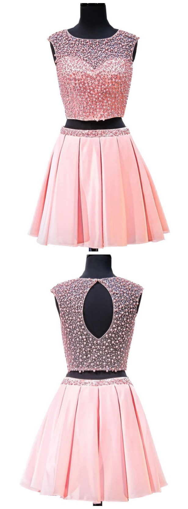 Lovely 8th Grade Prom Dresses A-line Scoop Pearls Beaded Two Piece Short Pink Backless Short Homecoming Dresses