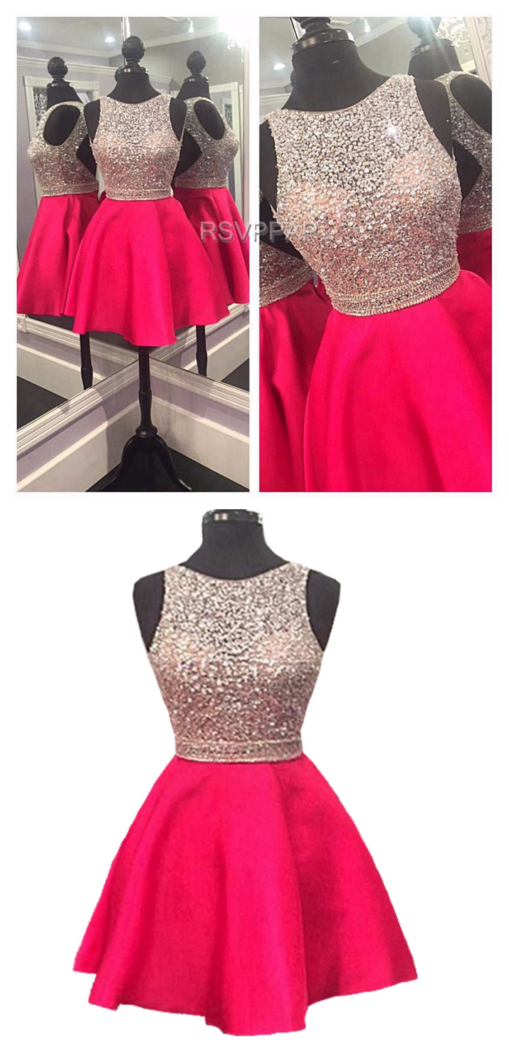 Sparkly Short Homecoming Dress 2018 Cute Pink Top Beaded Sweet 16 Backless 8th Grade Prom Dresses