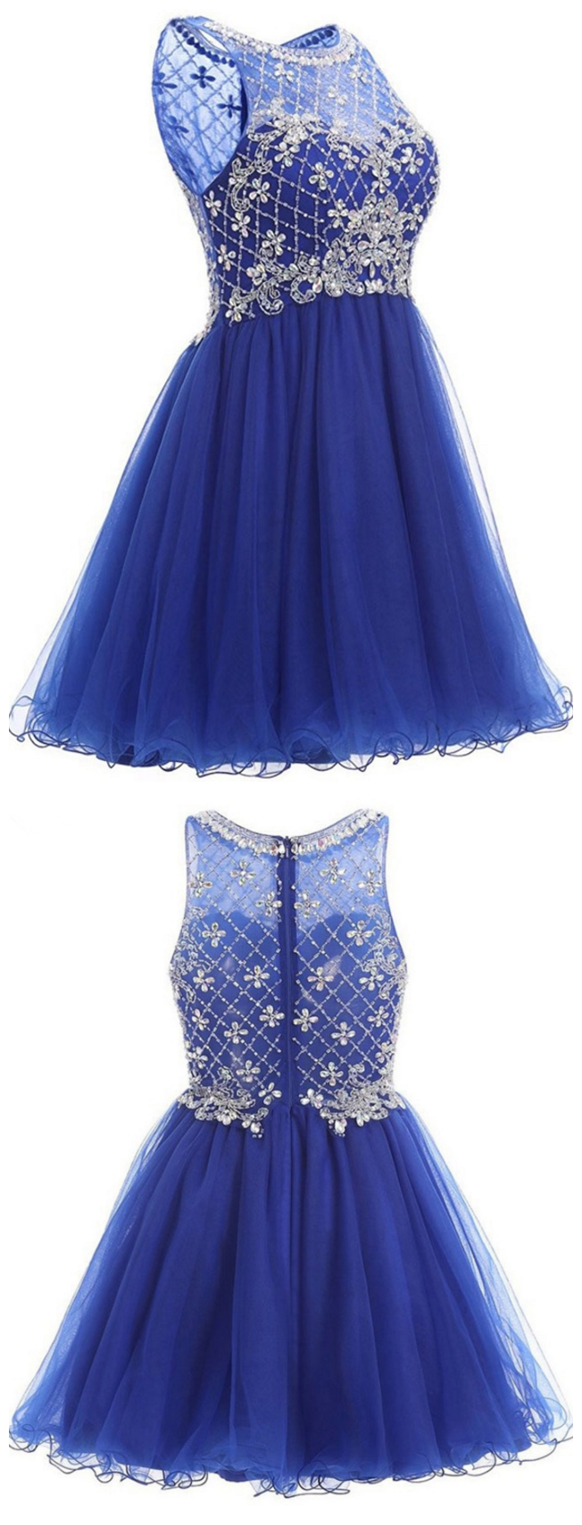 Cute Sheer Scalloped Sleeveless 8th Grade Beaded Crystals Sweet 16 Dresses Short Short Homecoming Dress