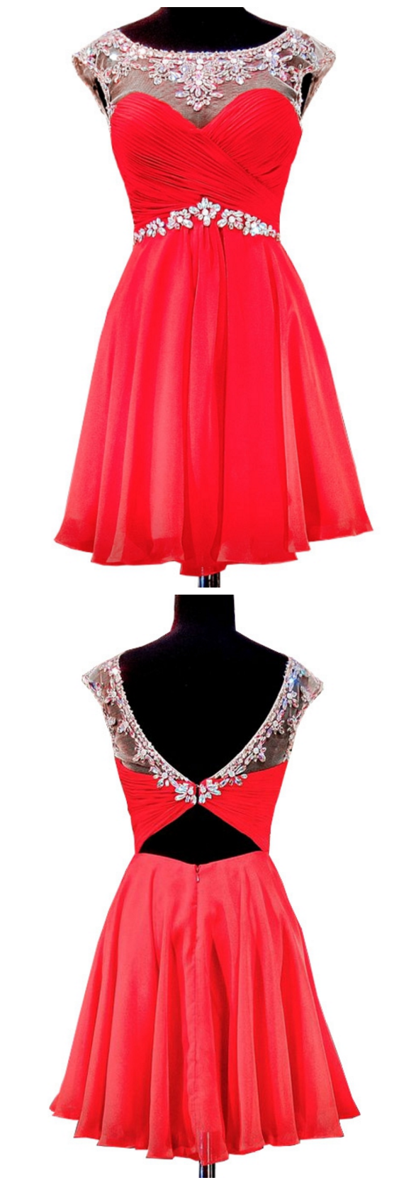 Cute Sweet 16 Dresses Scalloped Cap Sleeve Beaded Crystals 8th Grade Prom Backless Red Chiffon Homecoming Dress