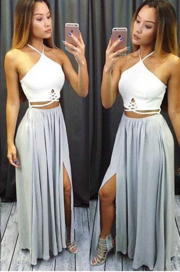 Custom Made Two Pieces Prom Dress,halter Side Slit Sexy Dress,high Quality