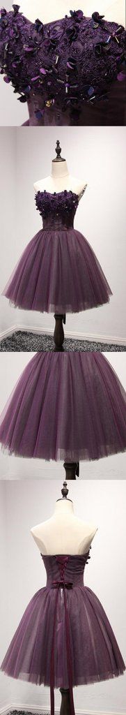Strapless Purple Lace Homecoming Prom Dresses, Affordable Short Party Corset Back Prom Dresses, Perfect Homecoming Dresses