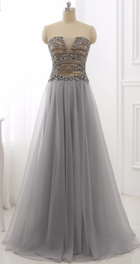 A Line Chiffon Beading Gray Evening Dress Strapless Off The Shoulder Lace-up Back Prom Party Dress