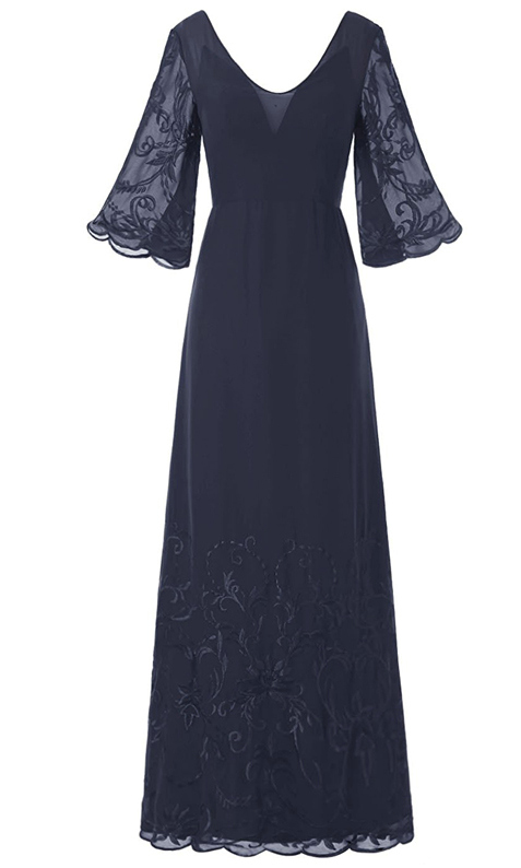 Dark Navy V Neck Lace Chiffon Mother of The Bride Dresses Flare Sleeves Embroidery Long Wedding Party Dresses