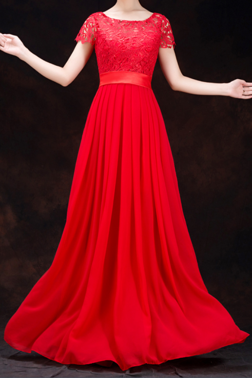 Cap Sleeves Lace Chiffon Red Floor Length Zipper Back Party Dress