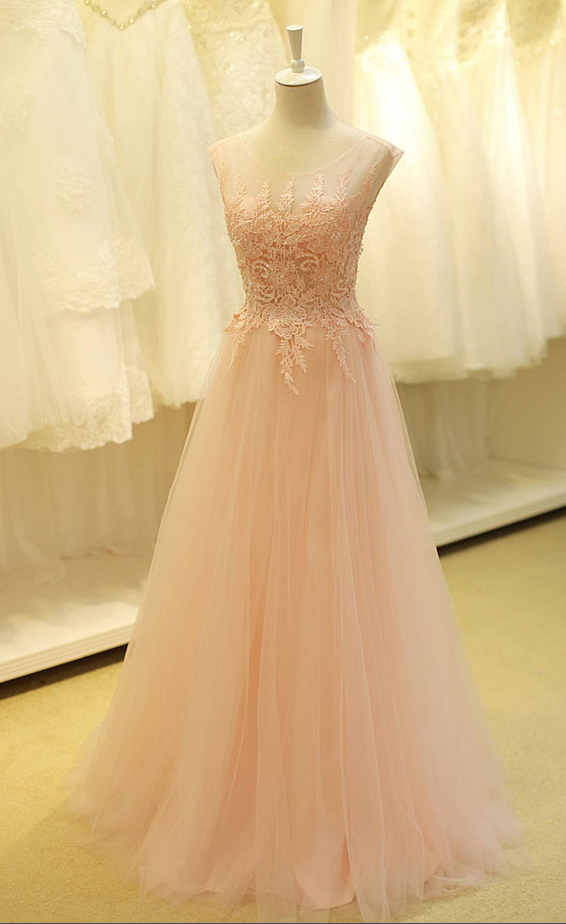 Pretty A-line Tulle Prom Dress Pink Beading And Appliques Backless Prom Dress Custom Made Evening Gowns