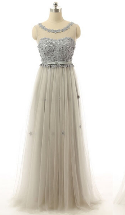 Grey Sheer Prom Dresses Long China Appliqued Tulle Formal Evening Gowns ...