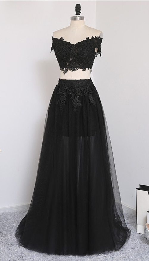 Black Two Pieces Lace Tulle Prom Dresses,off-the-shoulder Appliques Long Evening Dresses