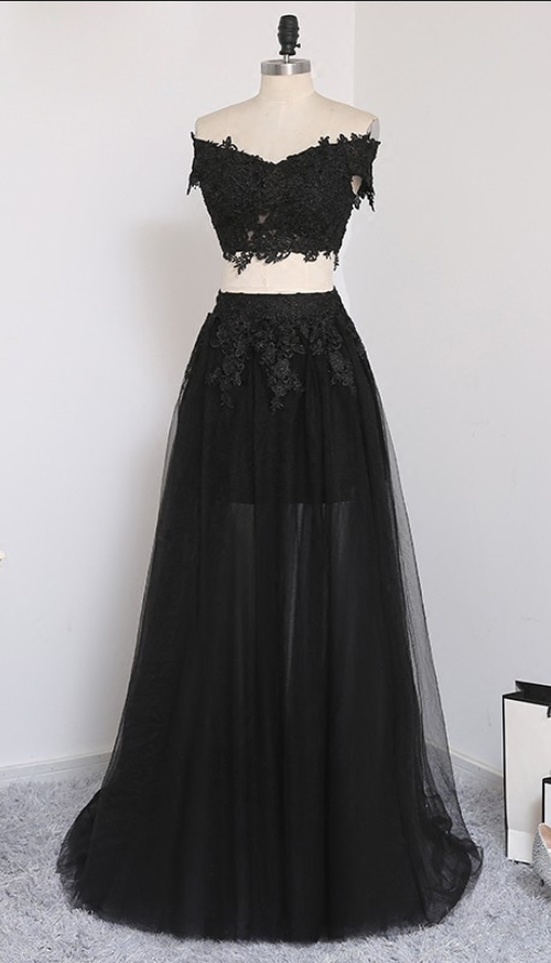 chinese dress ladies Black Two Pieces Long Prom Dresses, Mermaid Lace Formal Dress For Prom,  MP105 main image 1