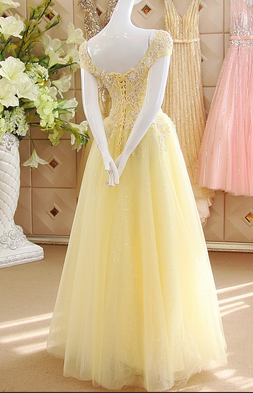 Pastel Yellow Cap Sleeves Sequined Tulle Prom Dresses,Sexy V Neck Beads ...
