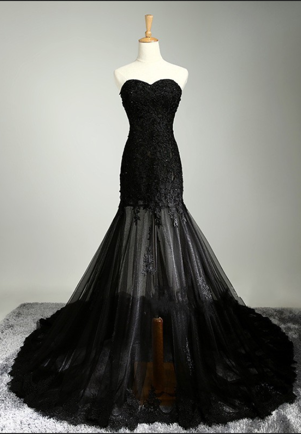 Black Mermaid Tulle Long Evening Gowns Appliques Off The Shoulder Sleeveless Prom Dresses
