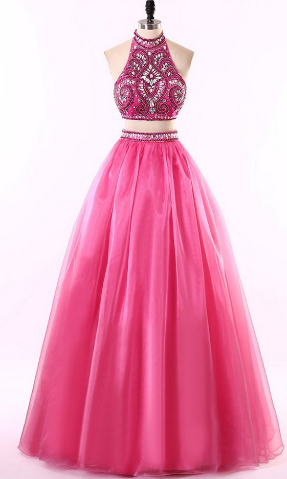 Pink Tulle Two Pieces Prom Dress, Beading Rhinestone A-line Long Prom Dresses ,shining Evening Dresses