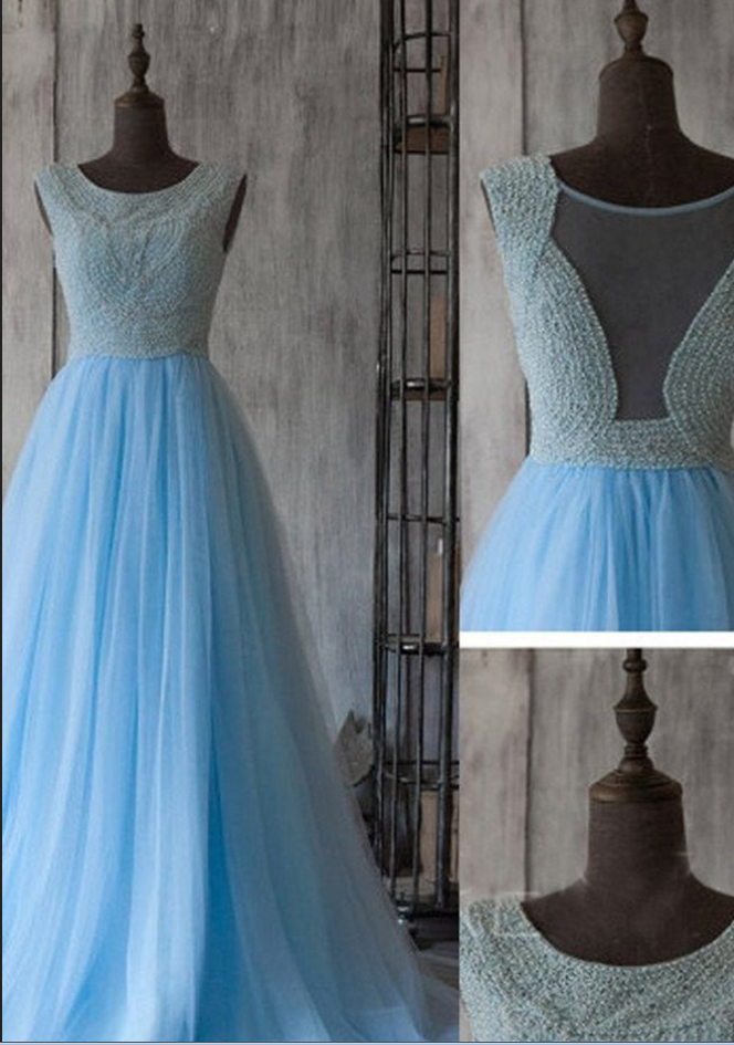 Ice Blue Tulle Round Neck Prom Dresses,see-through Lace A-line Long Floor-length Evening Dress,princess Dresses