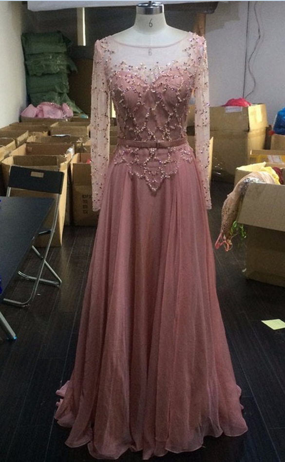 Peach Chiffon Prom Dress,see-through Long Sleeves A-line Round Neck Sequins Simple Long Prom Dresses