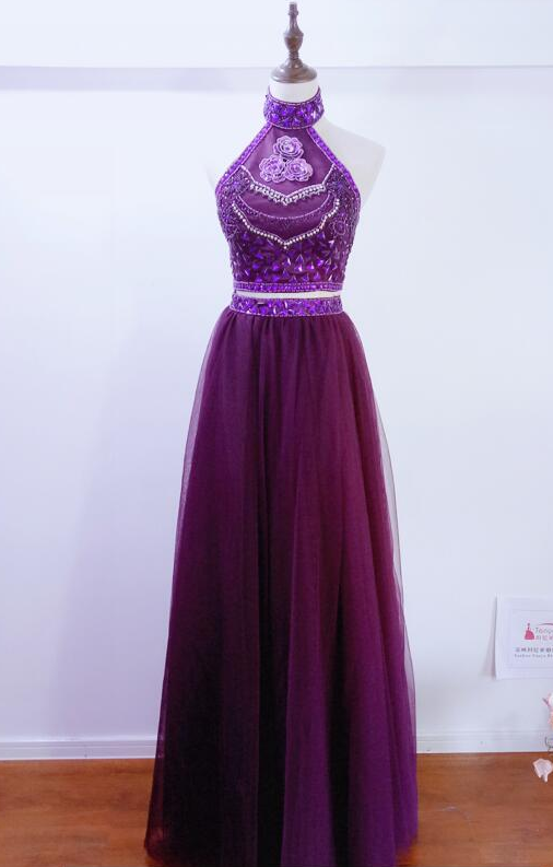 Real Photos Two Pieces Prom Dresses Fashion Purple ,evening Dresses