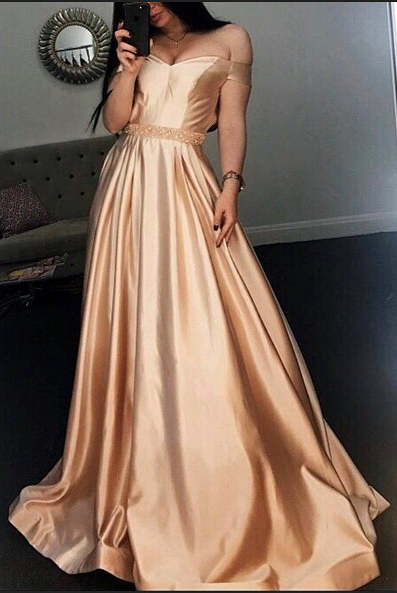 A-Line Satin Floral One Shoulder Long Sleeveless Dress Gold