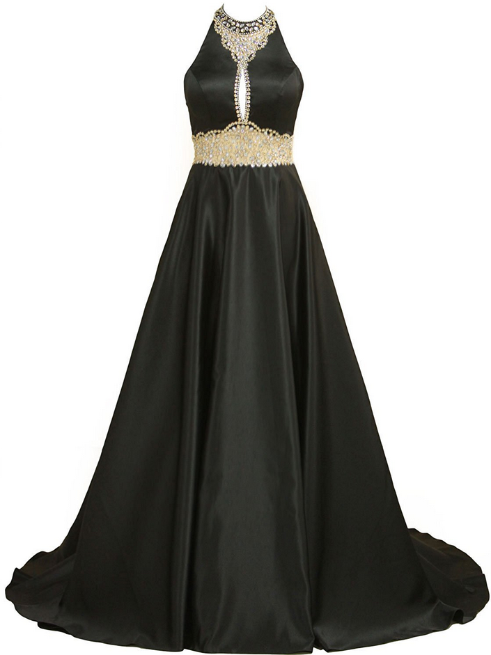 black and gold halter prom dress Black Prom Dress 2023 Halter Neck Gold Appliques Ruffles