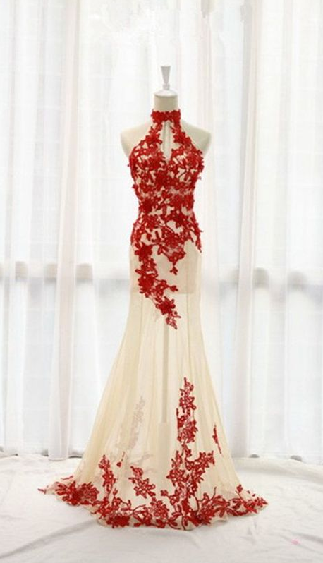 Charming Red Lace And Champagne Tulle Prom Dresses,halter Prom Gowns,elegant Prom Dress,sparkly Party Prom Dresses