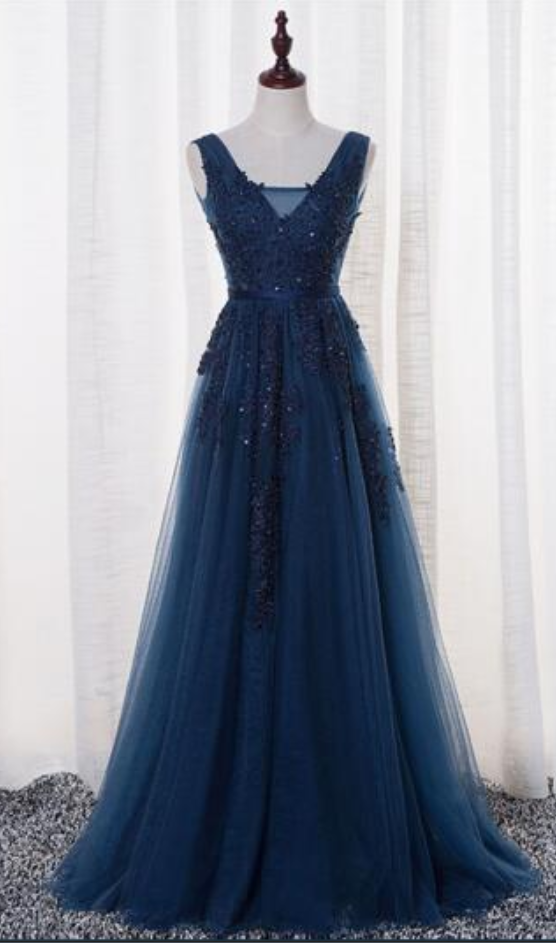 Navy Blue Evening Dresses Vestido De Festa V Neck Cap Sleeve Vintage Lace Appliques Beaded Prom Dresses