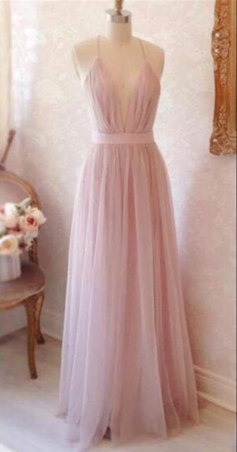 Sexy Light Pink Tulle Floor Length Of Prom Dresses V Neck Backless Folding Party Dress Clothes Women