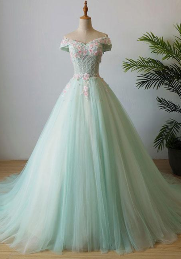 Green V Neck Tulle Beads Long Tulle Evening Prom Dress