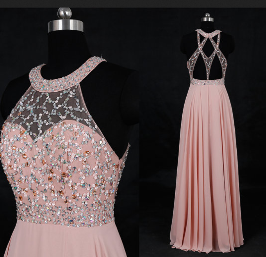 Round Neck Floor Length Chiffon Prom Dress With Beads on Luulla