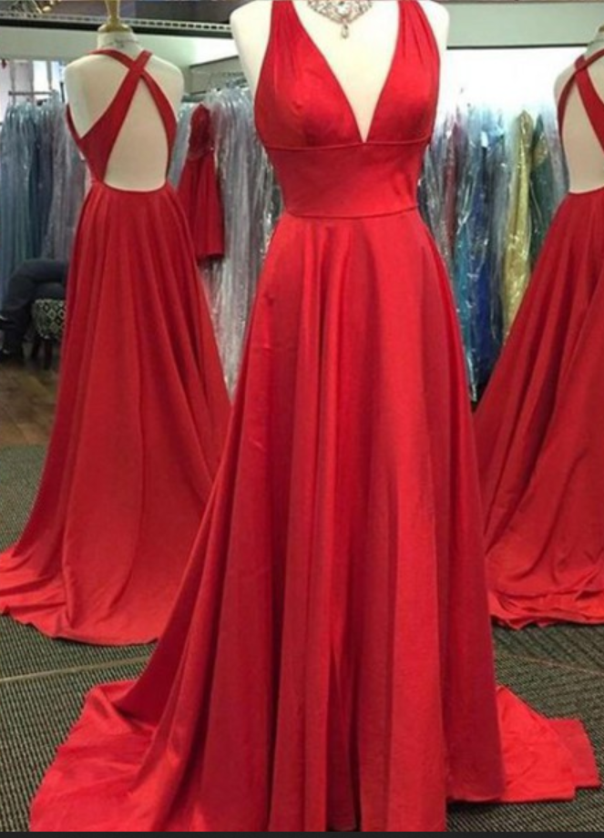 Custom Made Red V-neckline Long A-line Prom Dress