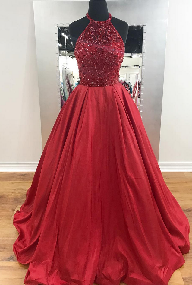 Halter Dark Red Long Prom Dress With Beads on Luulla