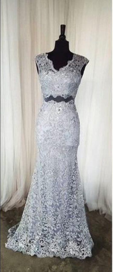 Grey Prom Dress Lace 2 Pieces Dress