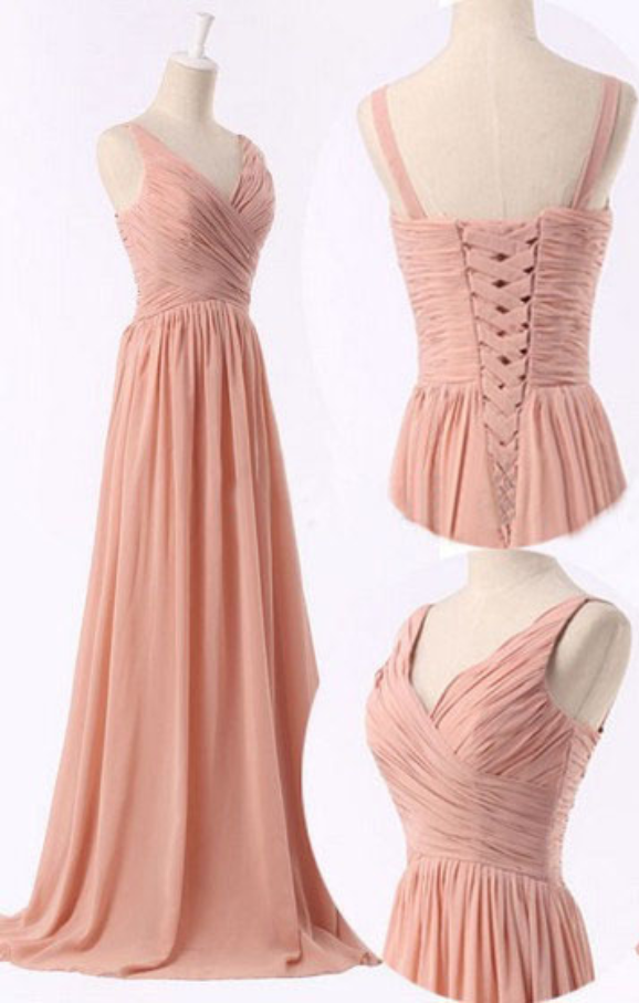 Blush Pink V-neck A-line Corset Bodice Chiffon Floor Length Ruched Prom Dress, Bridesmaid Dress