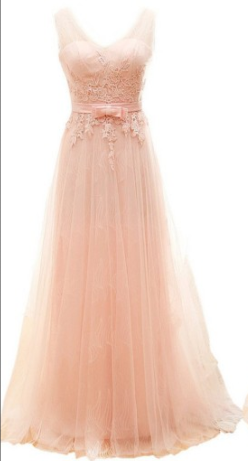 Blush Pink V-neckline Lace And Tulle A-line Prom Dress, Bridesmaid Dress