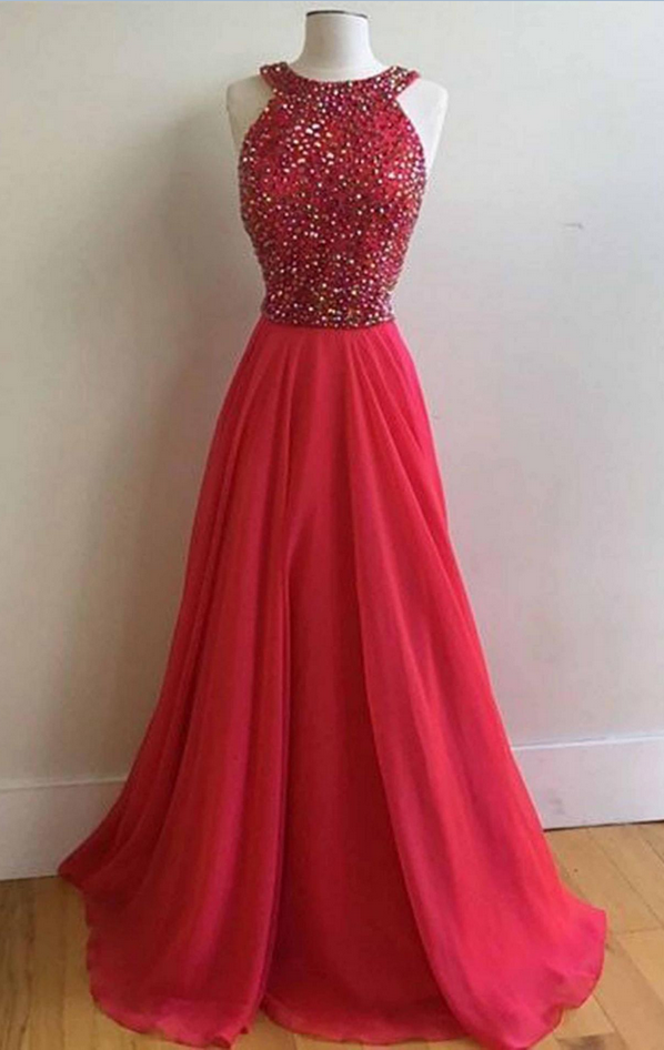 Red Chiffon Long Prom Dres With Beads Evening Dresses