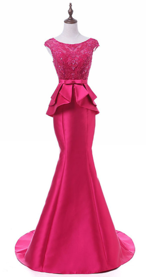 open lace back dress Mermaid Spaghetti Straps Corset Fuchsia Prom Dress with Bow PSK587 US6 / Fuchsia