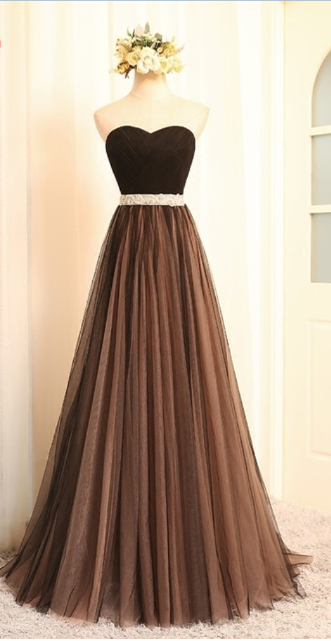Strapless Sweetheart Ruched Beaded Tulle Floor-length Prom Dress, Evening Dress