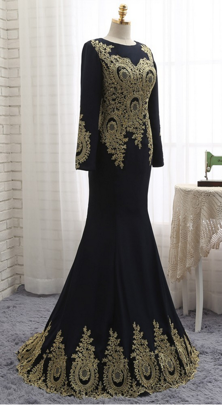 Arabic Prom Dress Muslim Evening Gown of The Mermaid Lace Long Sleeve Chiffon Dress Ball Gown