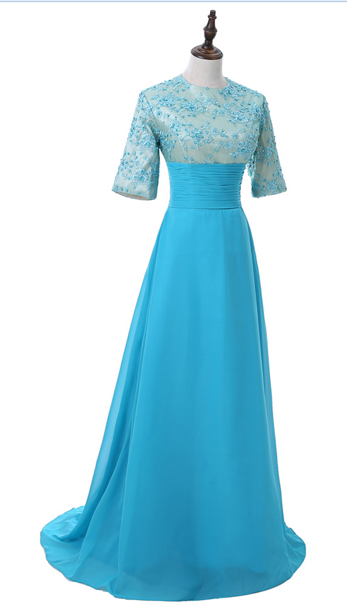 A Blue Evening Dress With A Short Sleeveless Chiffon Lace Dress And A Woman's Evening Gown With A Party In A Bathrobe