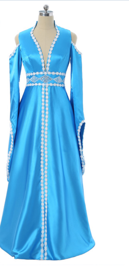 Blue Dress Line V-neck Long Sleeve Lace Dress Dubai Islamic Muslim Robes Dress In Saudi Arabia