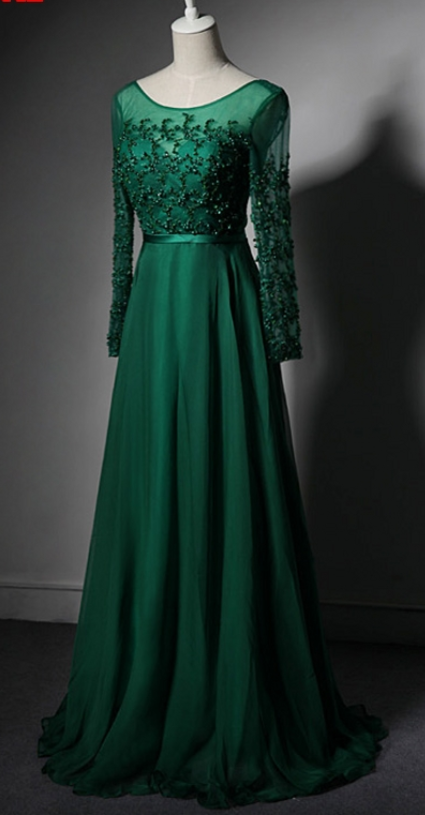 The Emerald Green Long-Sleeved Evening Party Dress Beautiful Crystal Begins The Evening Gown of The Formal Dress Ball