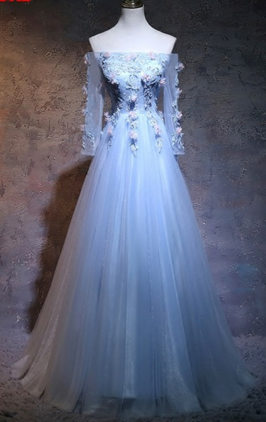 Blue Off-the-shoulder Floral Appliqués A-line Floor-length Prom Dress, Evening Dress With Sheer Long Sleeves