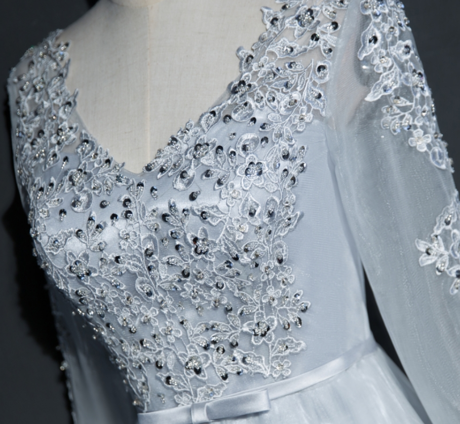 Silver V-neck Lace Long Sleeve Front Split Evening Gown JTE477 main image 1