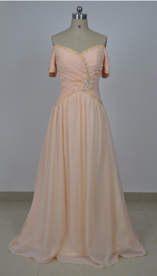 Off-the-shoulder Ruched Beaded Chiffon A-line Long Prom Dress, Evening Dress With Short Sleeves