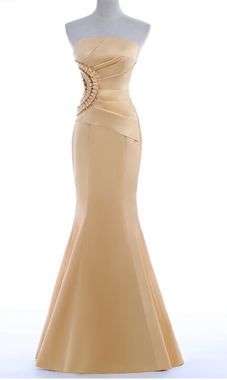 Custom Made Strapless Gold Satin Floor Length Mermaid Guest Wedding Dress With Ruffle Side