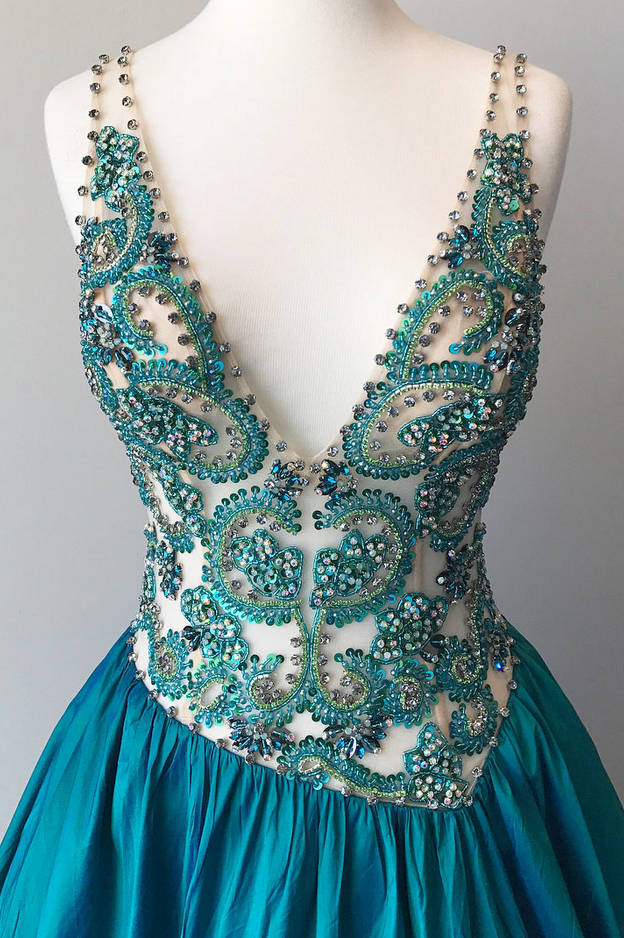 Women Beading Long Prom Dress V Neck Blue Sequin Evening Sexy Party Maxi Dress