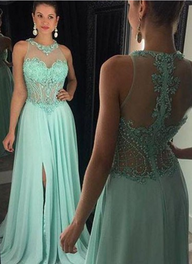 Prom Dresses Long O'neck Prom Dress - See Through Back With Side Slit