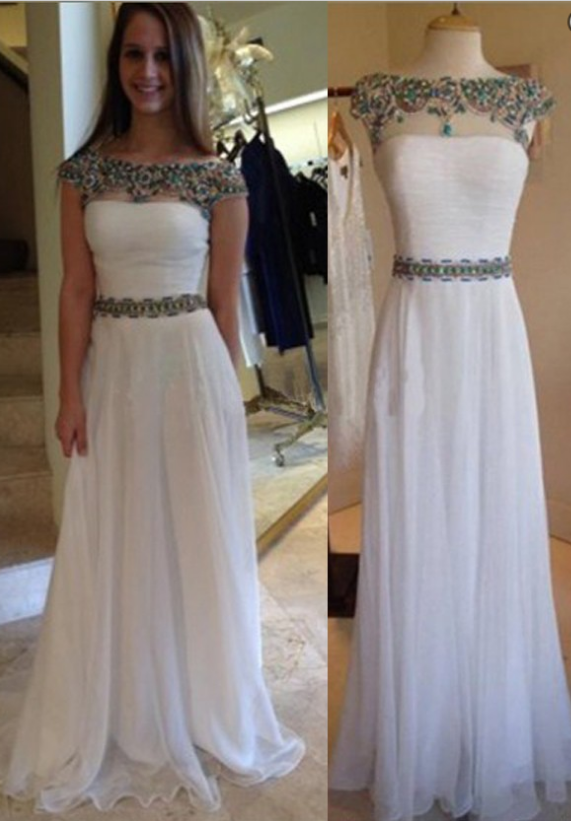 Prom Dresses Classic A-line Bateau Floor Length Cap Sleeves White Prom Dress/evening Dress With Sash