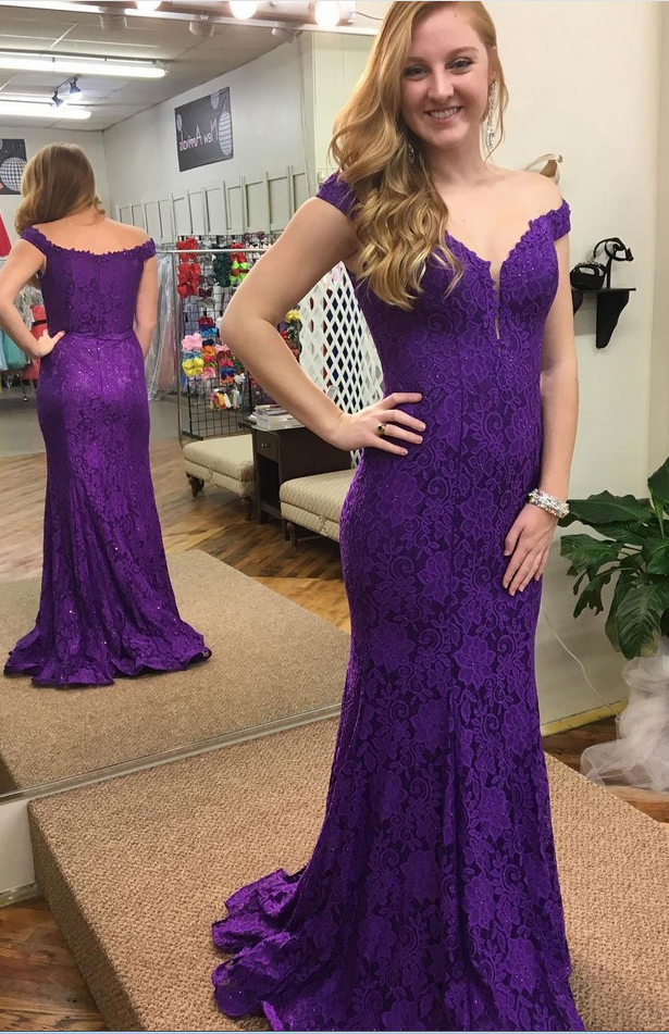 Charming Off The Shoulder Prom Dress,mermaid Purple Prom Dresses,lace Long Prom Dresses