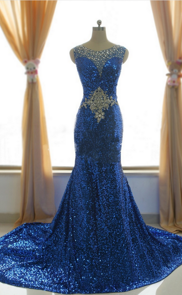 Sequin Prom Dresses , Royal Blue Mermaid Prom Dresses , Long Train Prom Dresses