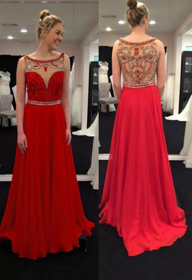 Red Sheer Beaded Back Chiffon Prom Dresses Prom Gowns,prom Dresses