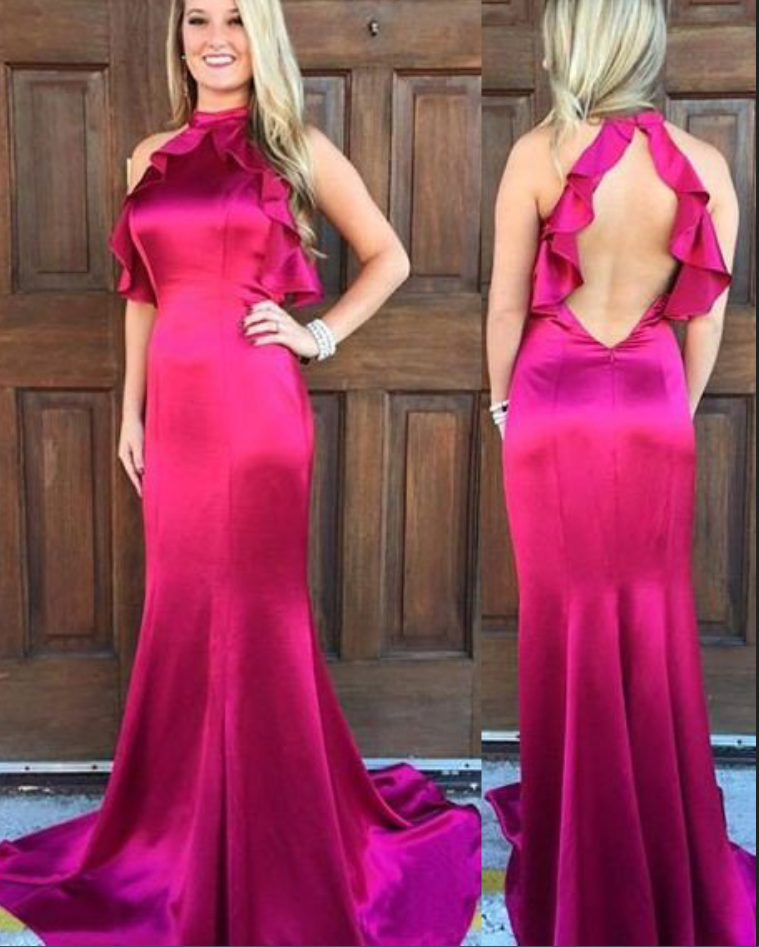 Ruffles Halter Mermaid Satin Prom Dresses 2017 Prom Gowns,prom Dresses 2018, Prom Dresses, Long Prom Dress